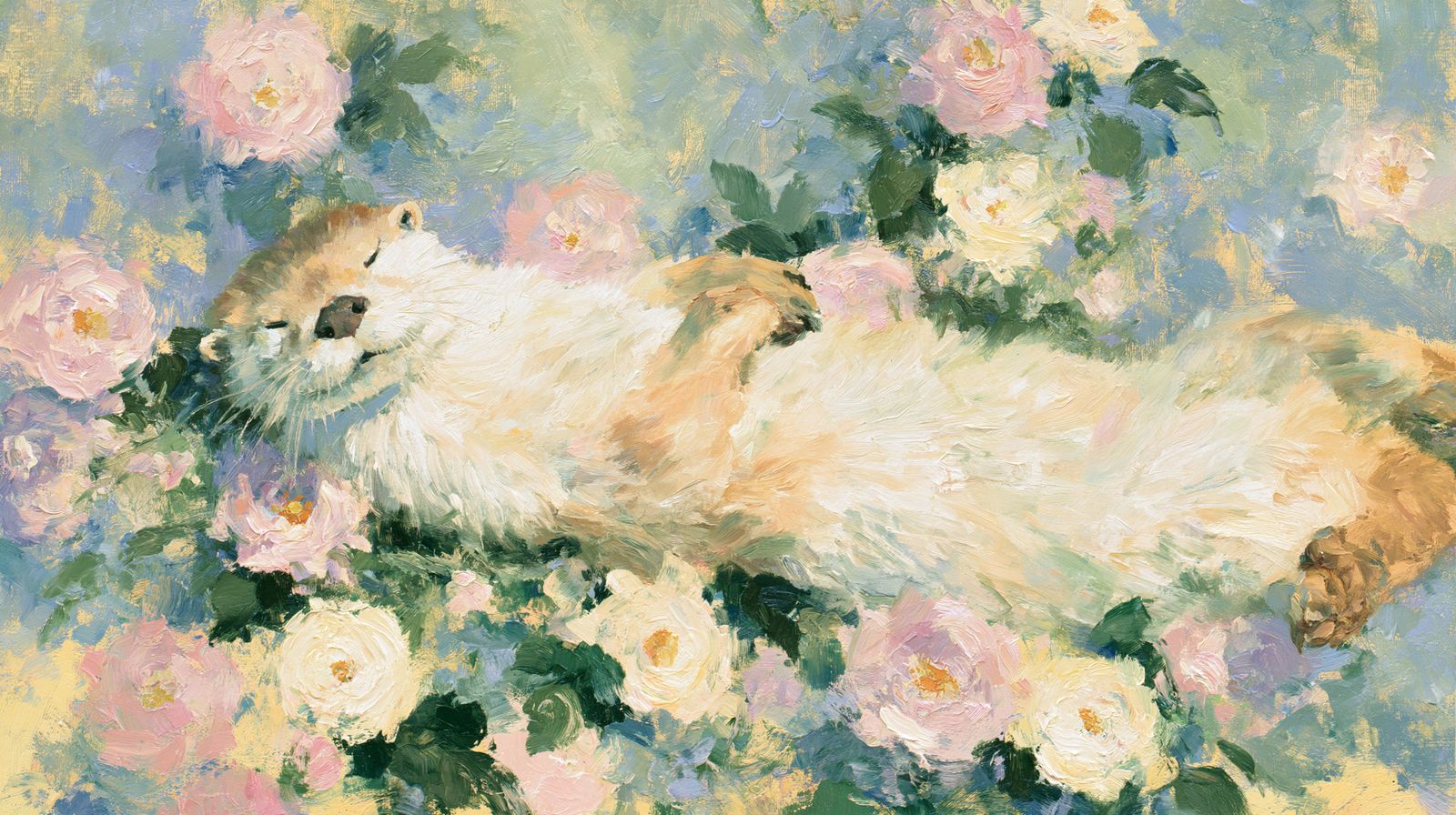 The Otter — An otter floats on its back through a drift of garden roses.