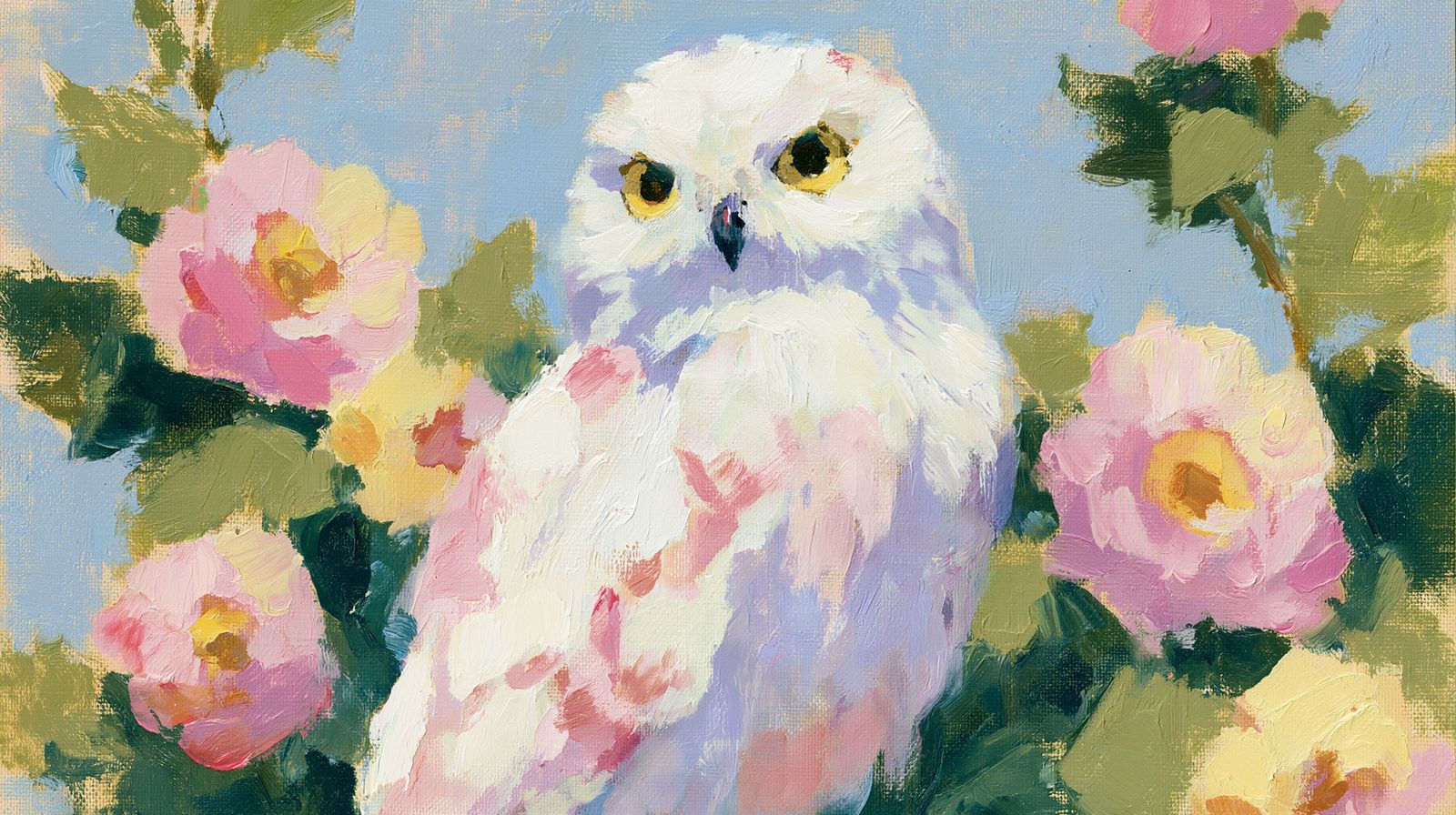 The Owl — A white owl sits among camellias, unimpressed by the attention.