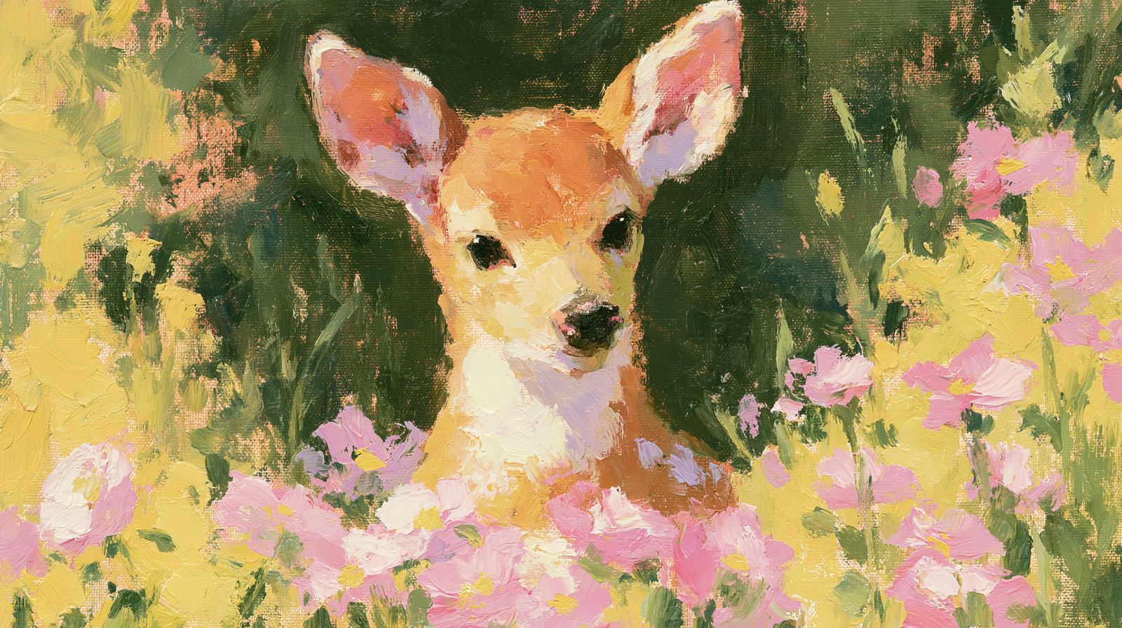The Fawn — A fawn lifts its head from a bed of pink wildflowers, ears first.