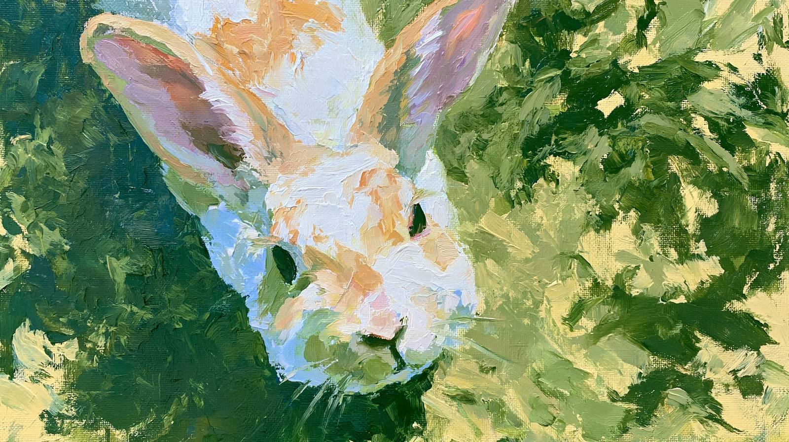 The Rabbit — A rabbit leans out of the hedge shadow, painted in a handful of knife strokes.