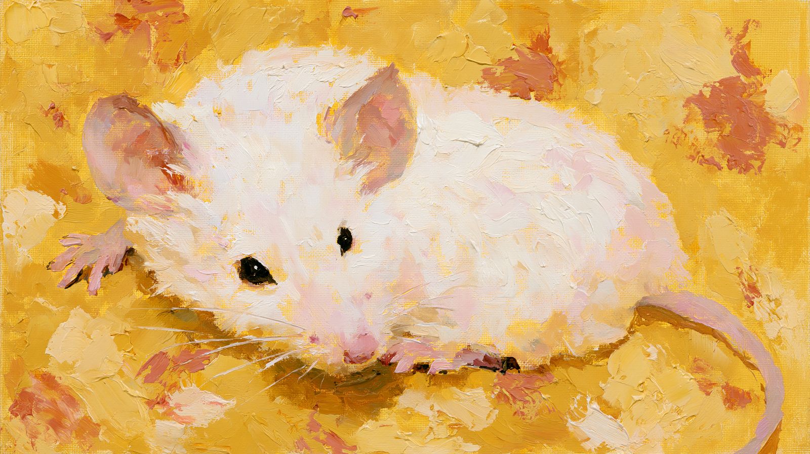 The Mouse — A white mouse pauses mid-step on a field of ochre, tail curled behind.