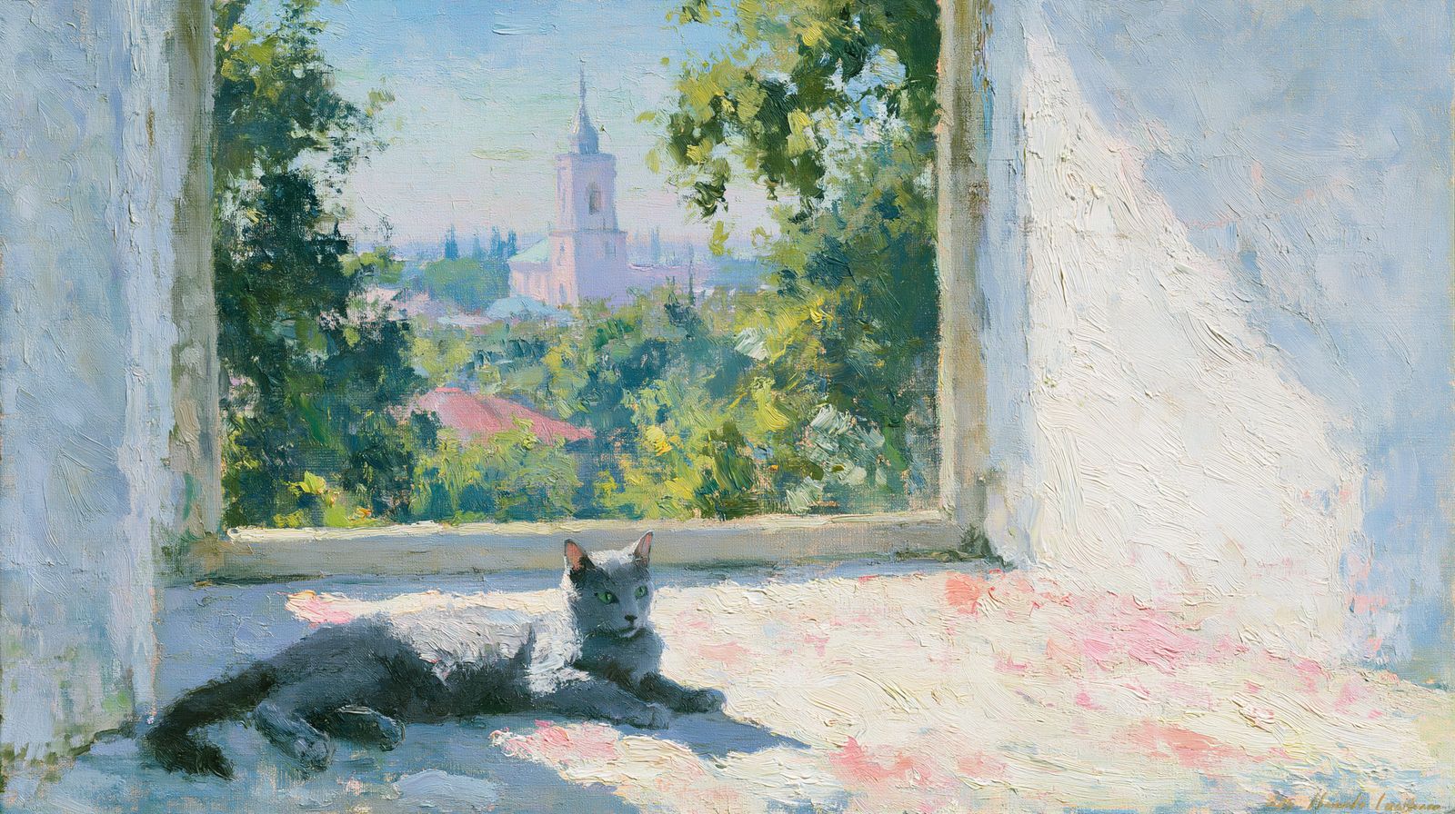 Windowsill — A grey cat keeps the afternoon watch from a sun-warmed sill.