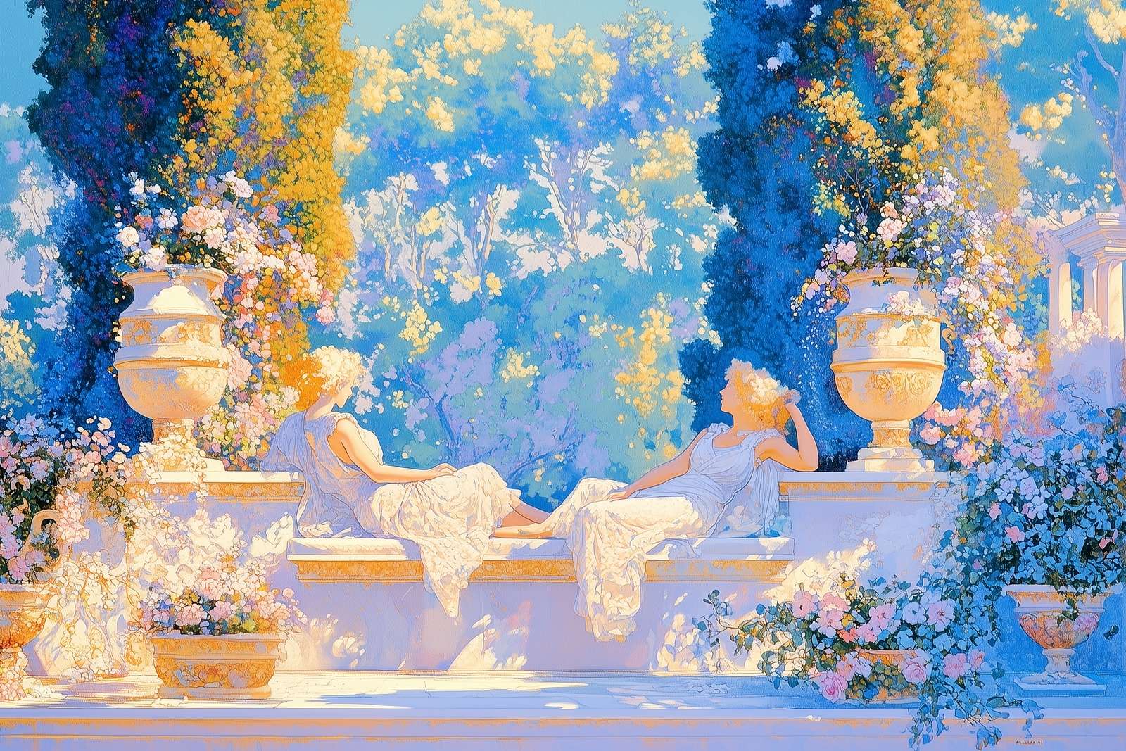 The Terrace — Two women rest on a marble terrace in late afternoon light, saying nothing.