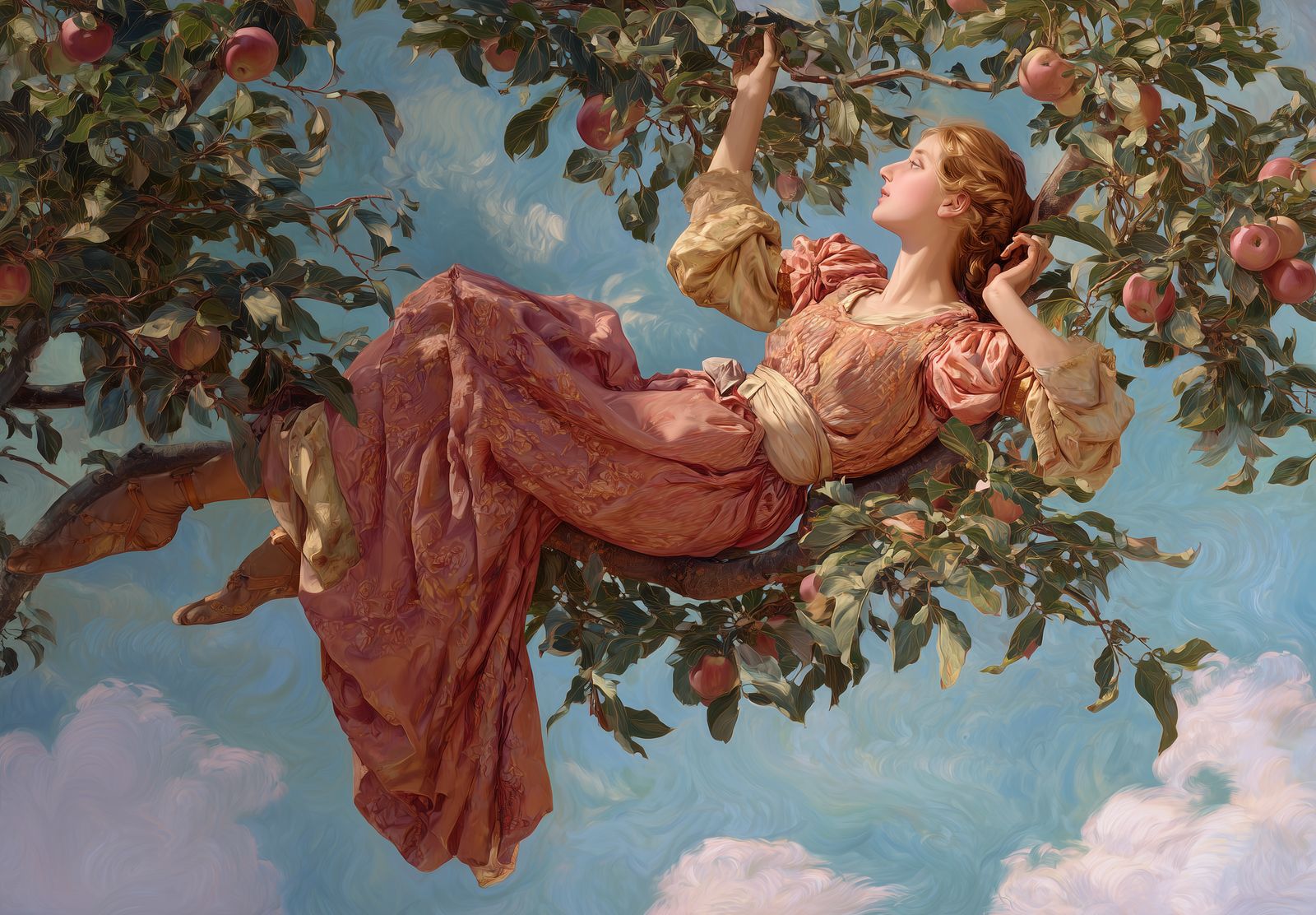 Orchard — A woman reclines in the crook of an apple branch, reaching for fruit she does not need.