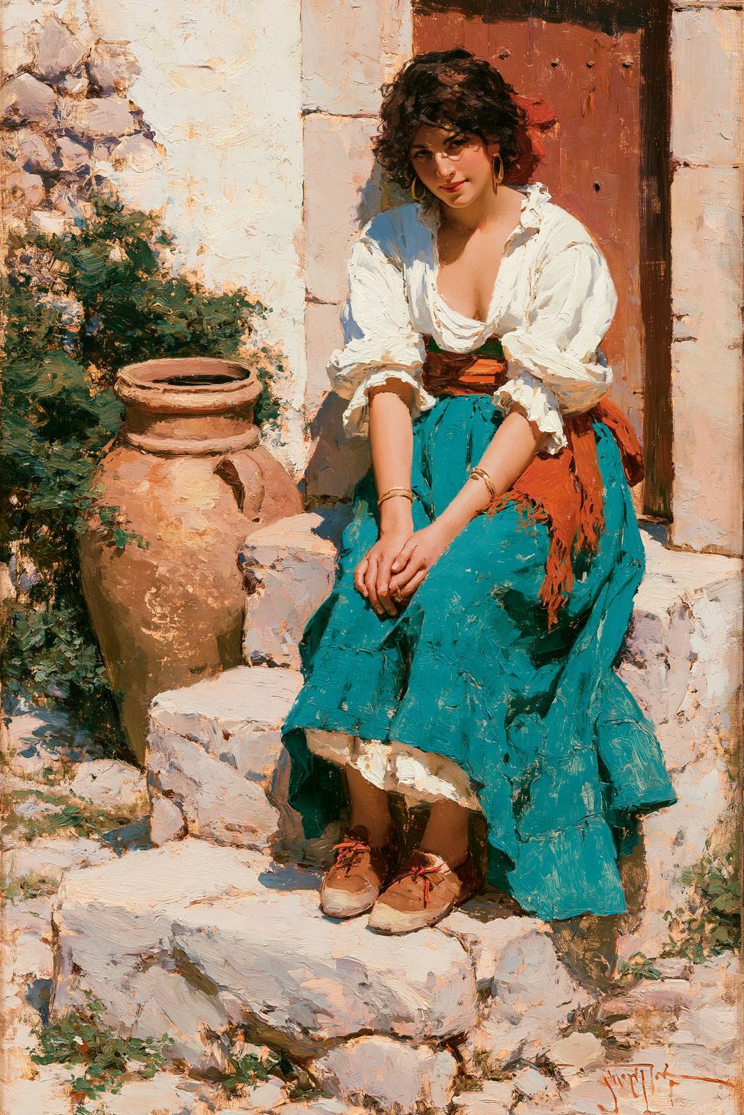 Doorstep — A girl waits on sunlit stone steps beside an old clay urn.