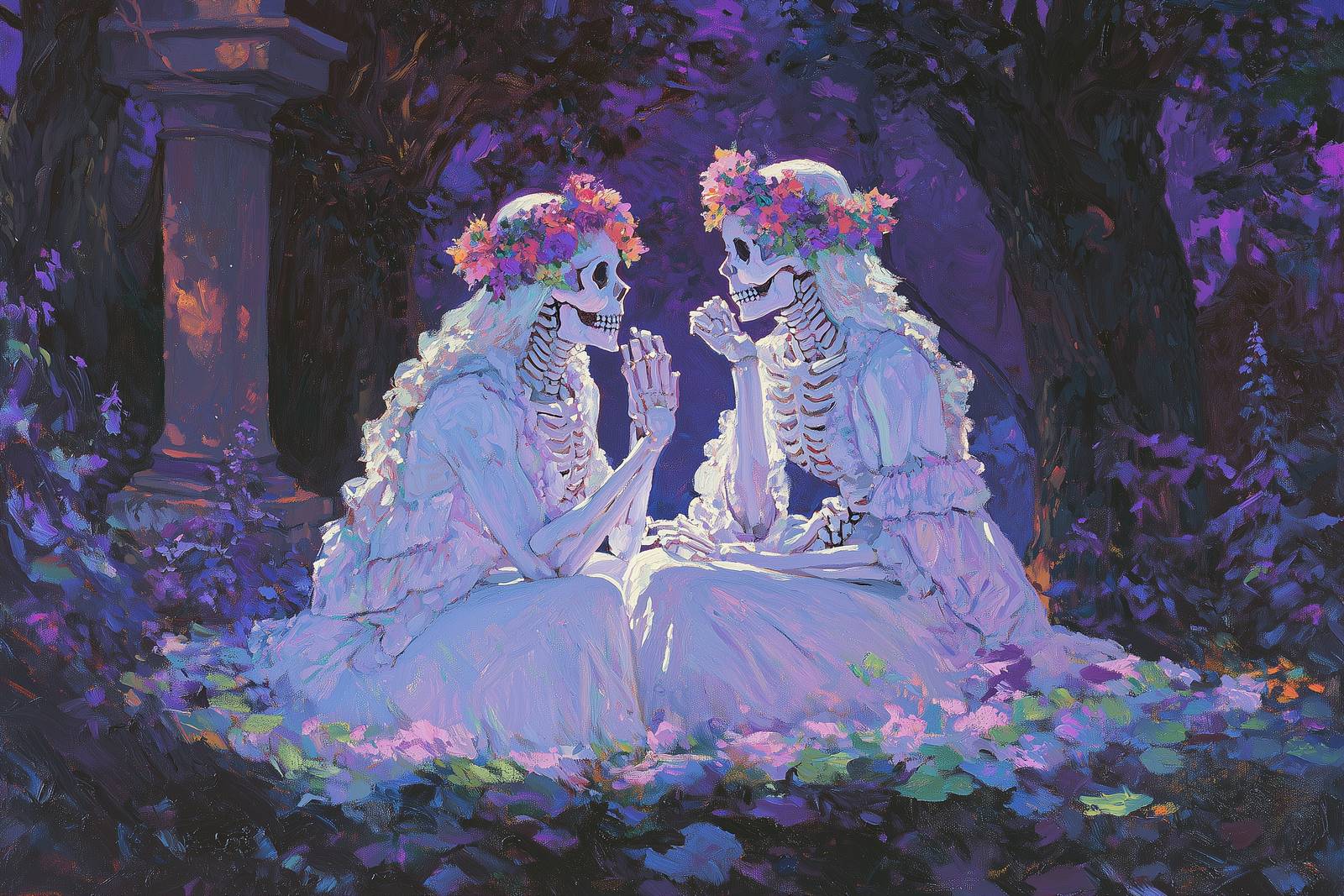 The Sisters — Two crowned figures share a secret in a violet garden, long after the party ended.