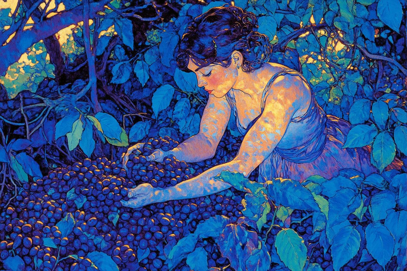Blue Harvest — A picker gathers fruit in the blue shade, her arms catching the last warm light.
