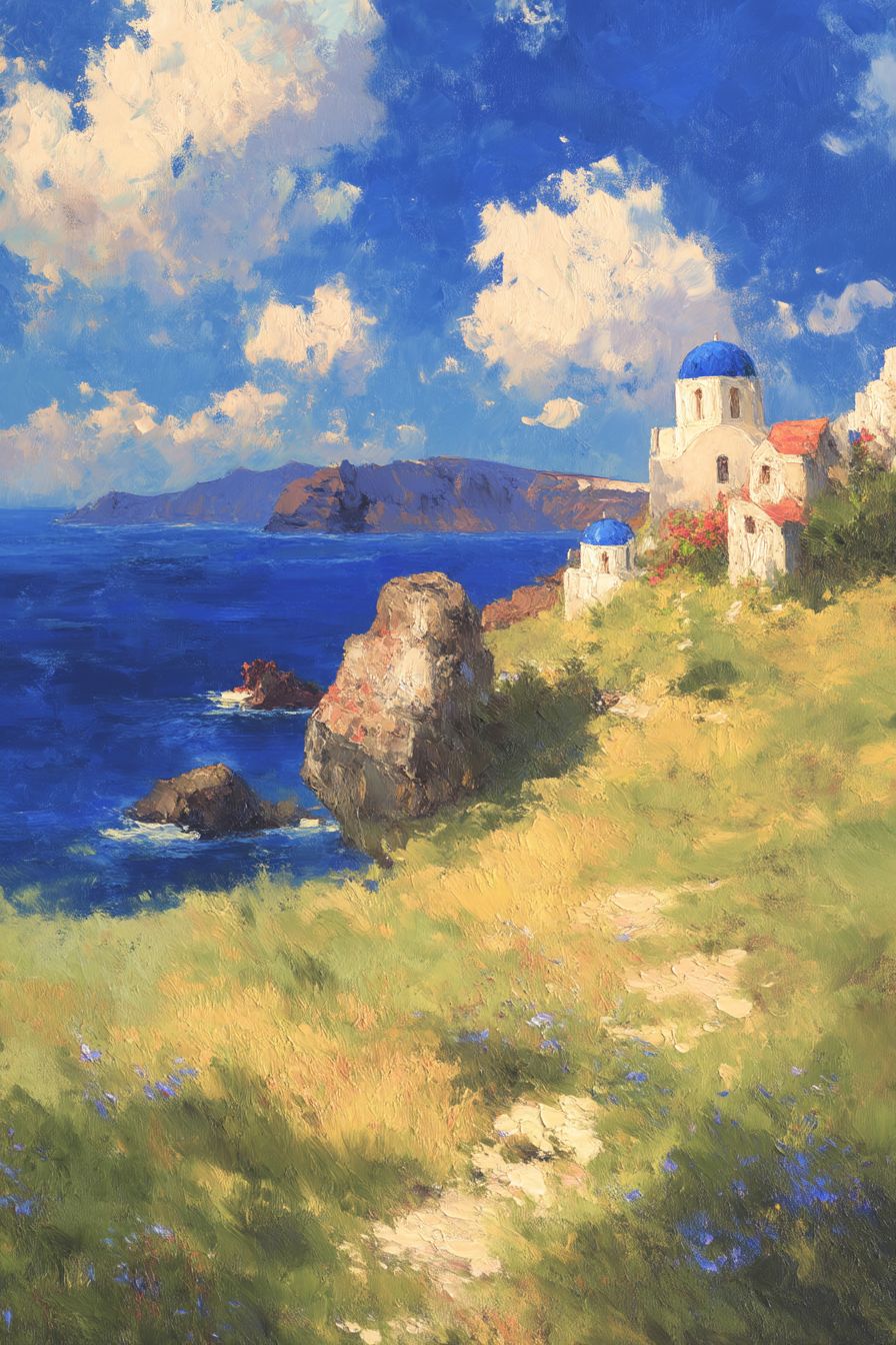Aegean — A footpath climbs past blue domes toward the sea, painted from memory of noon.