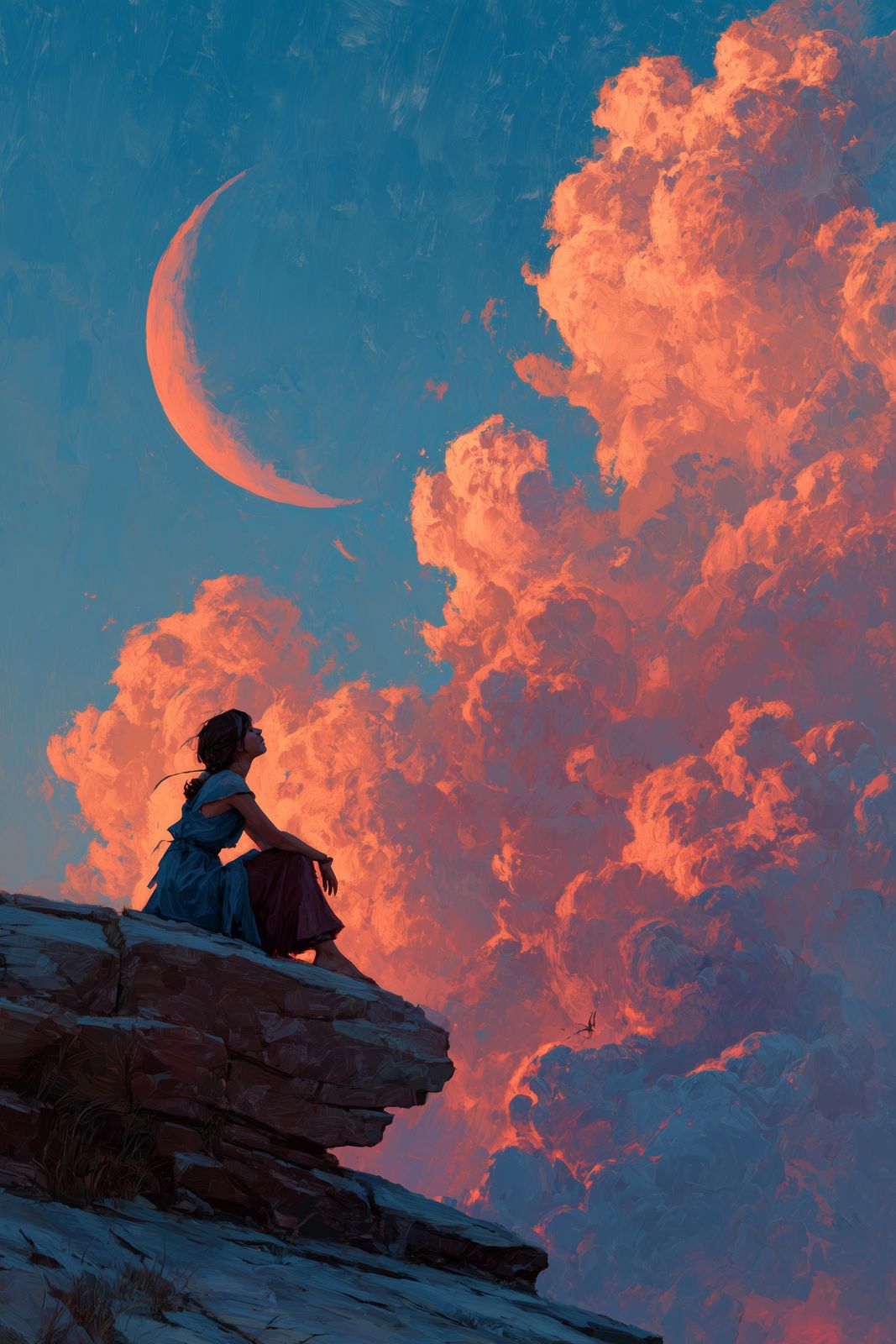 New Moon — A woman watches the crescent rise over burning clouds from the edge of a quiet rock.
