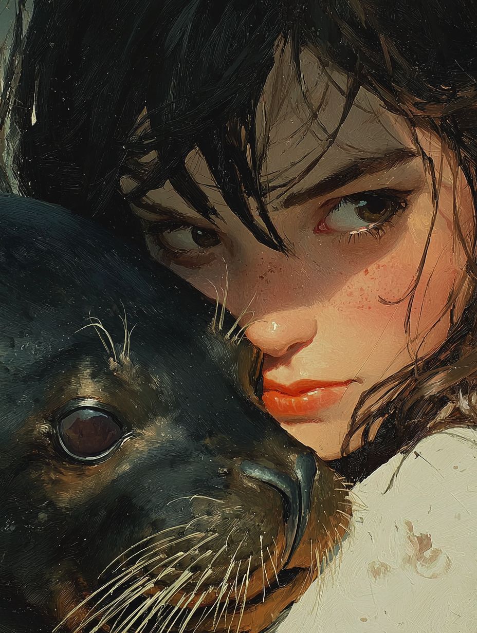 The Seal — A girl and a seal hold still together, cheek to whisker, neither willing to move first.